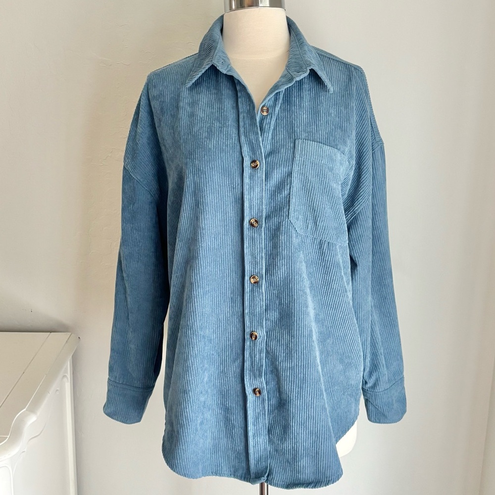 Slate Blue Corduroy Long Sleeve Collared Button Down Jacket Shirt Shacket, M